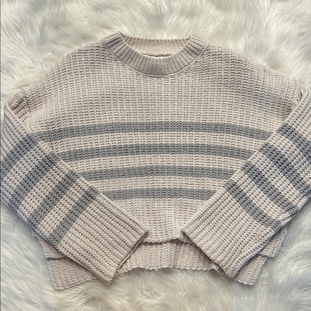 Pink Rose Textured Cream and Gray Sweater